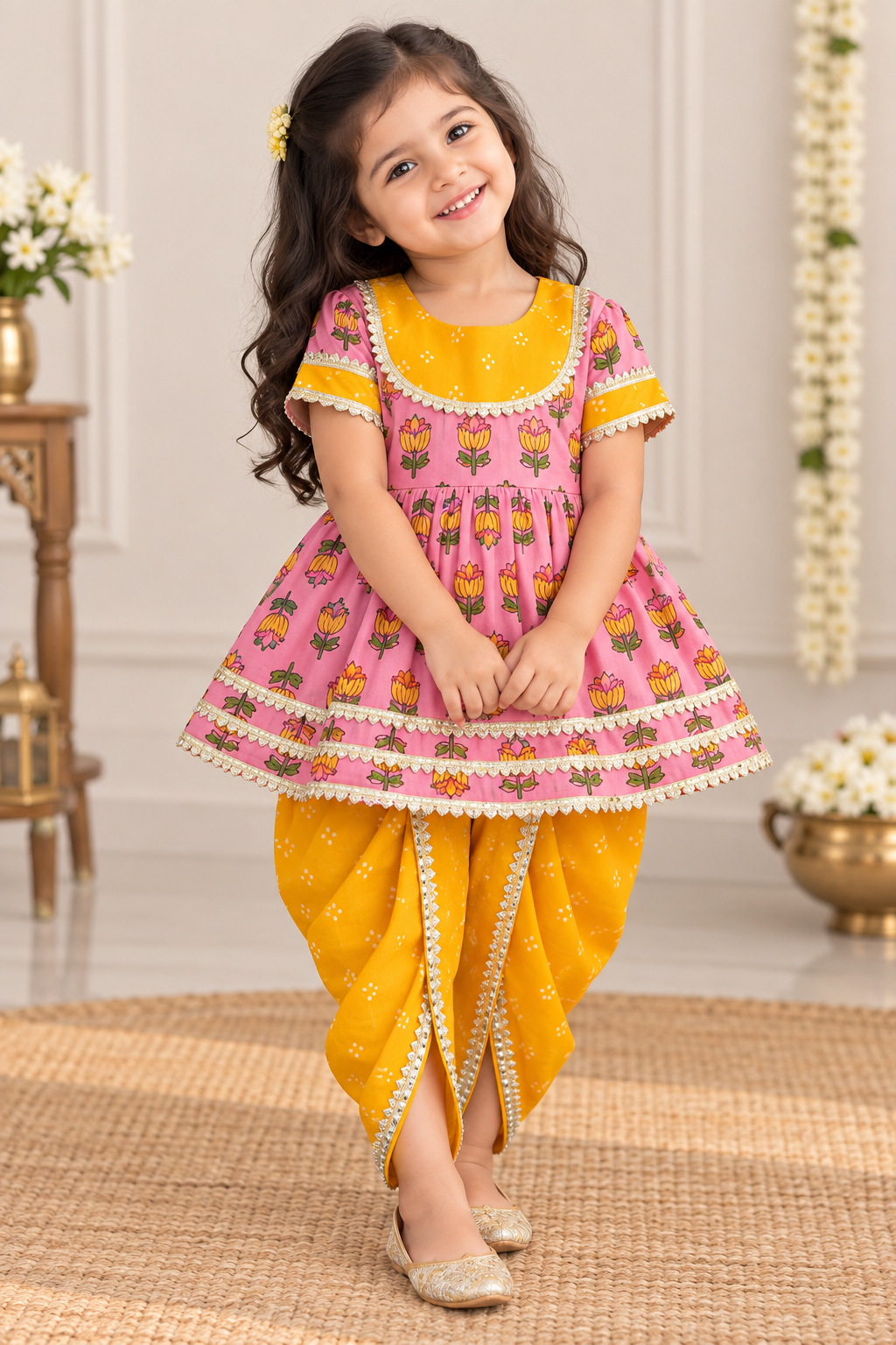 Pink & Yellow Floral Kurti Dhoti Set