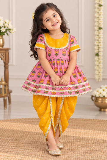 Pink & Yellow Floral Kurti Dhoti Set