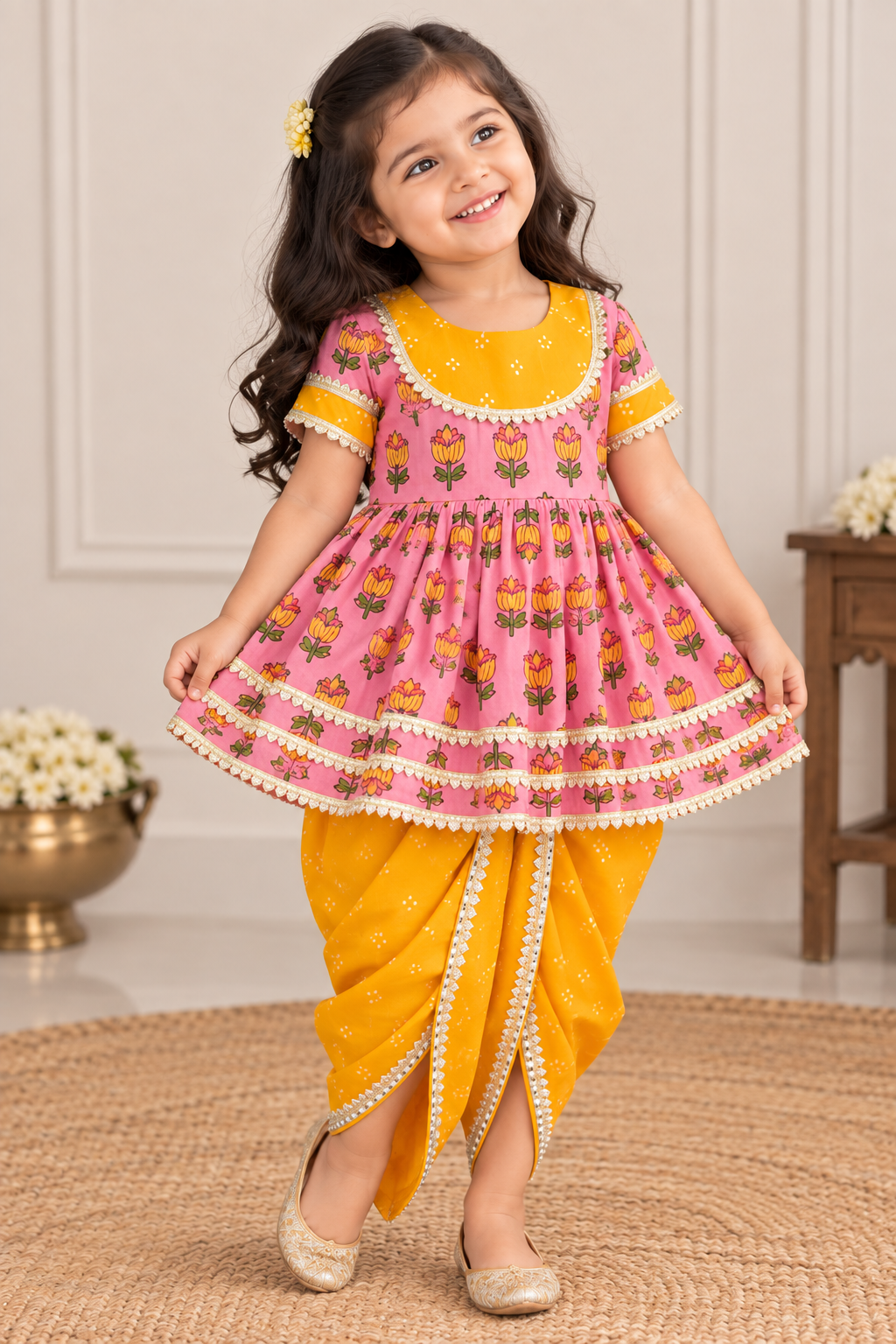 Pink & Yellow Floral Kurti Dhoti Set