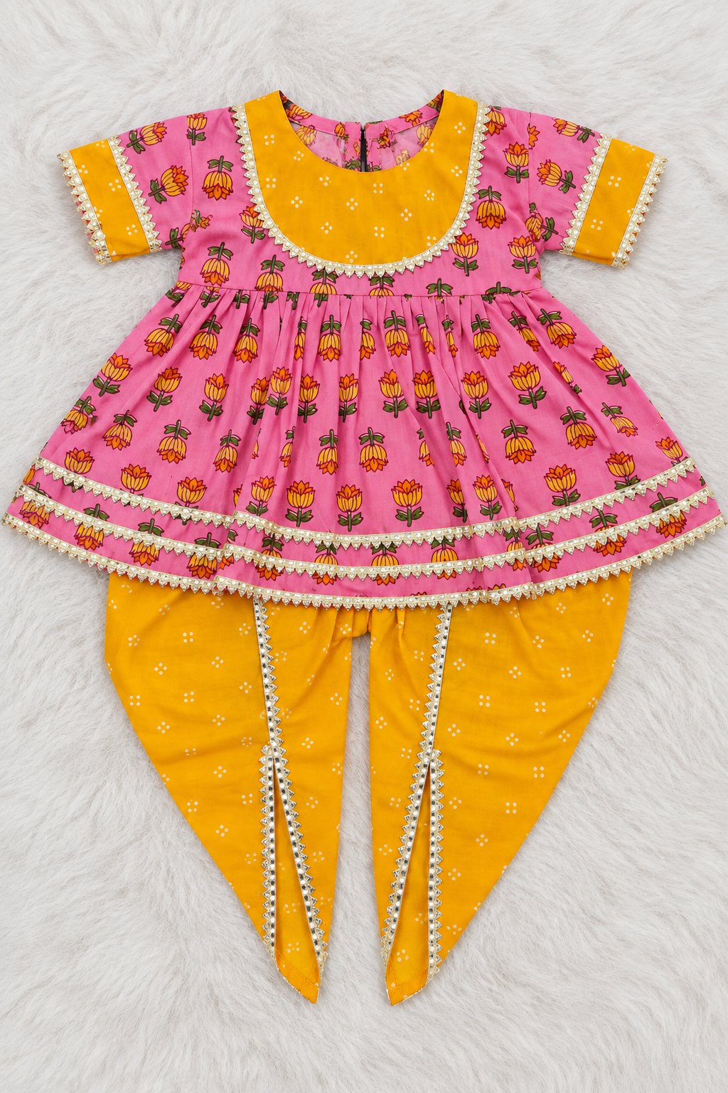 Pink & Yellow Floral Kurti Dhoti Set