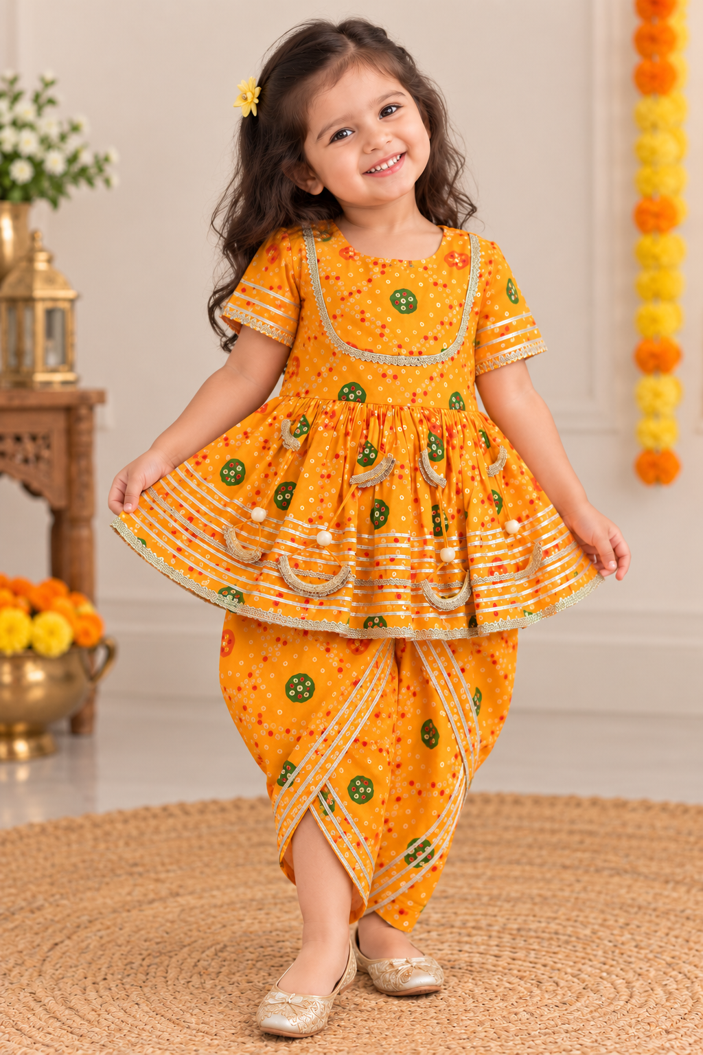 Yellow Bandhani Print Kurti Dhoti Set