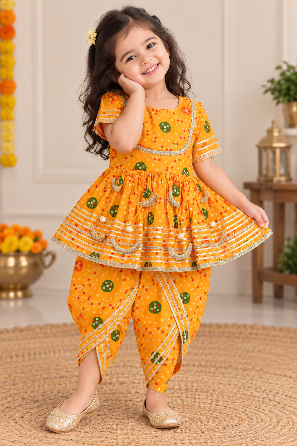 Yellow Bandhani Print Kurti Dhoti Set
