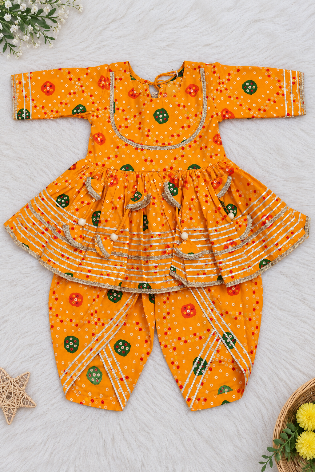 Yellow Bandhani Print Kurti Dhoti Set