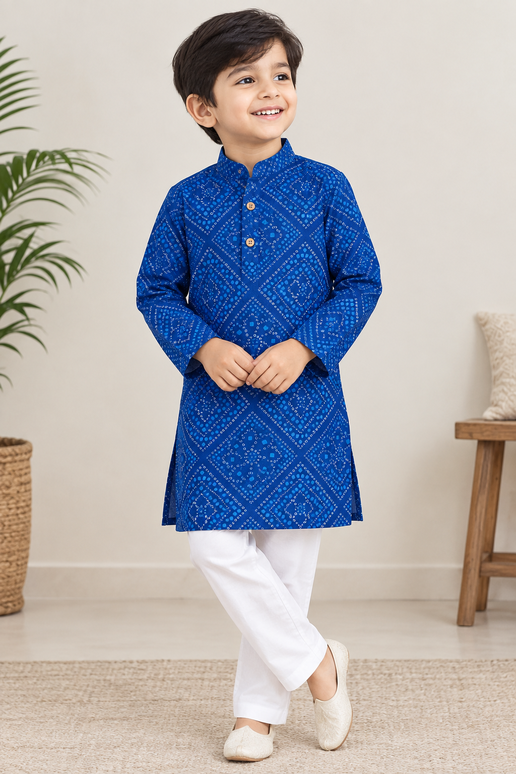 Blue Cotton Kurta with White Pajama Set