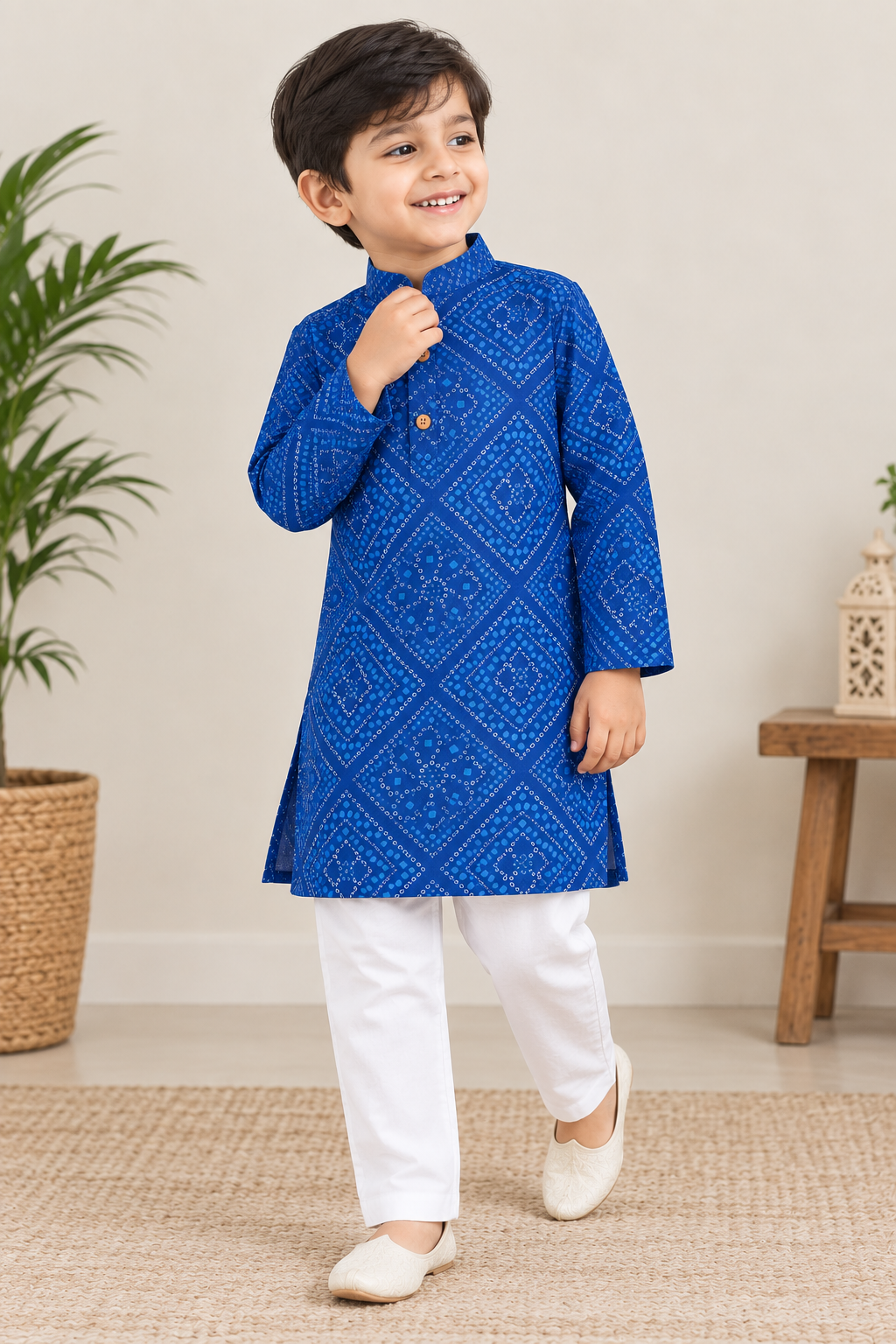 Blue Cotton Kurta with White Pajama Set