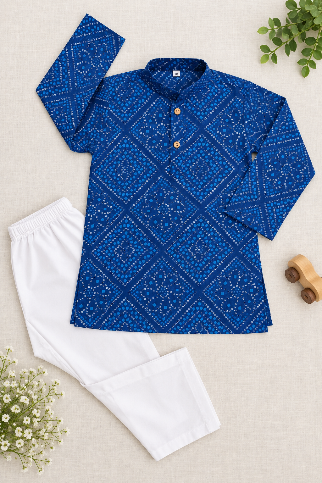 Blue Cotton Kurta with White Pajama Set