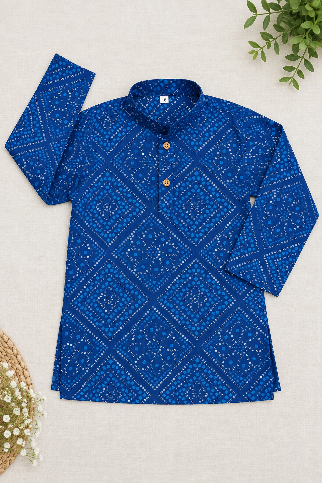 Blue Cotton Kurta with White Pajama Set