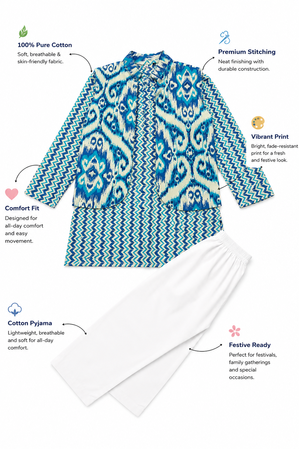 Blue Ikat Print Nehru Jacket Kurta Pajama Set
