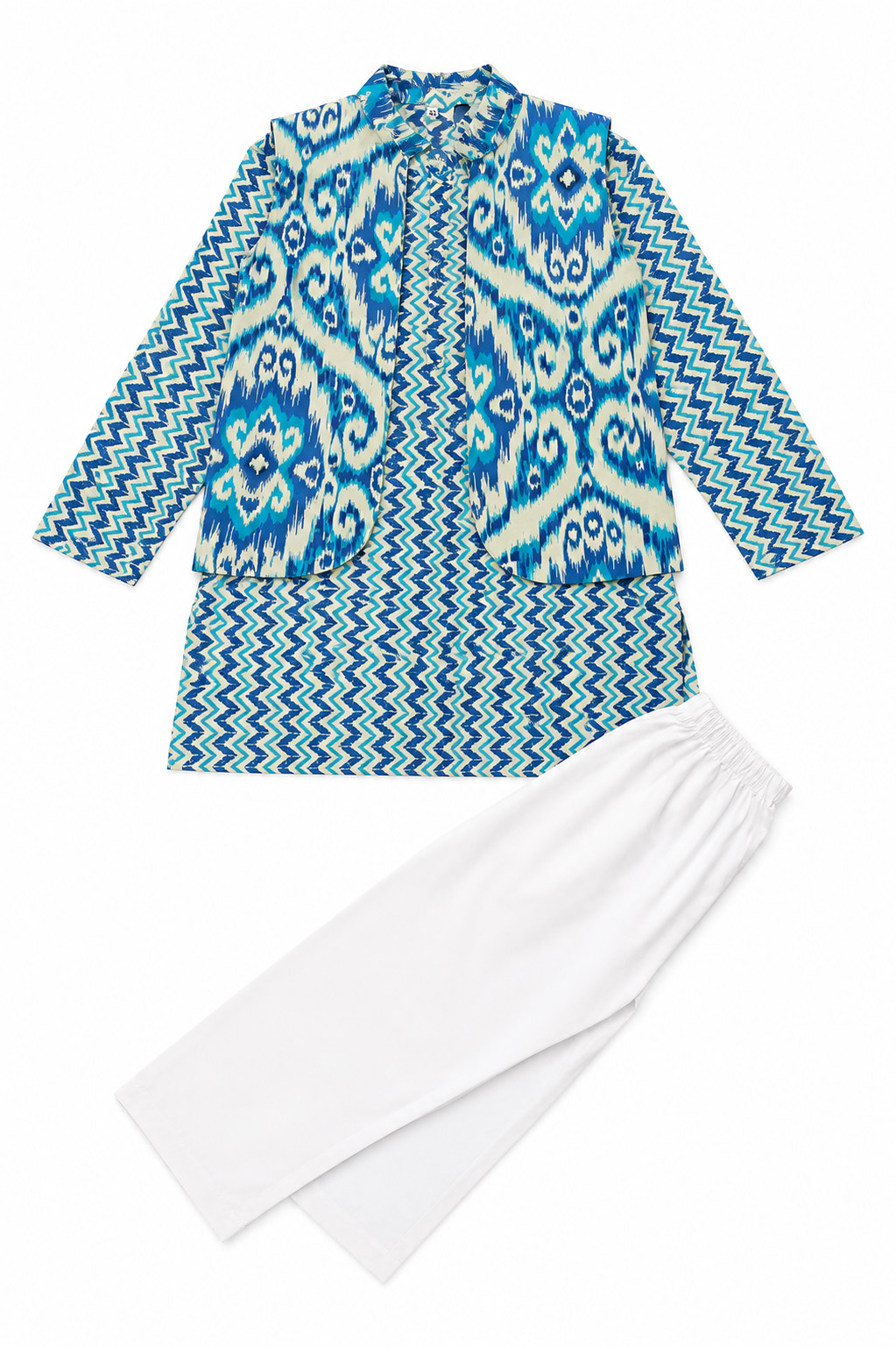 Blue Ikat Print Nehru Jacket Kurta Pajama Set