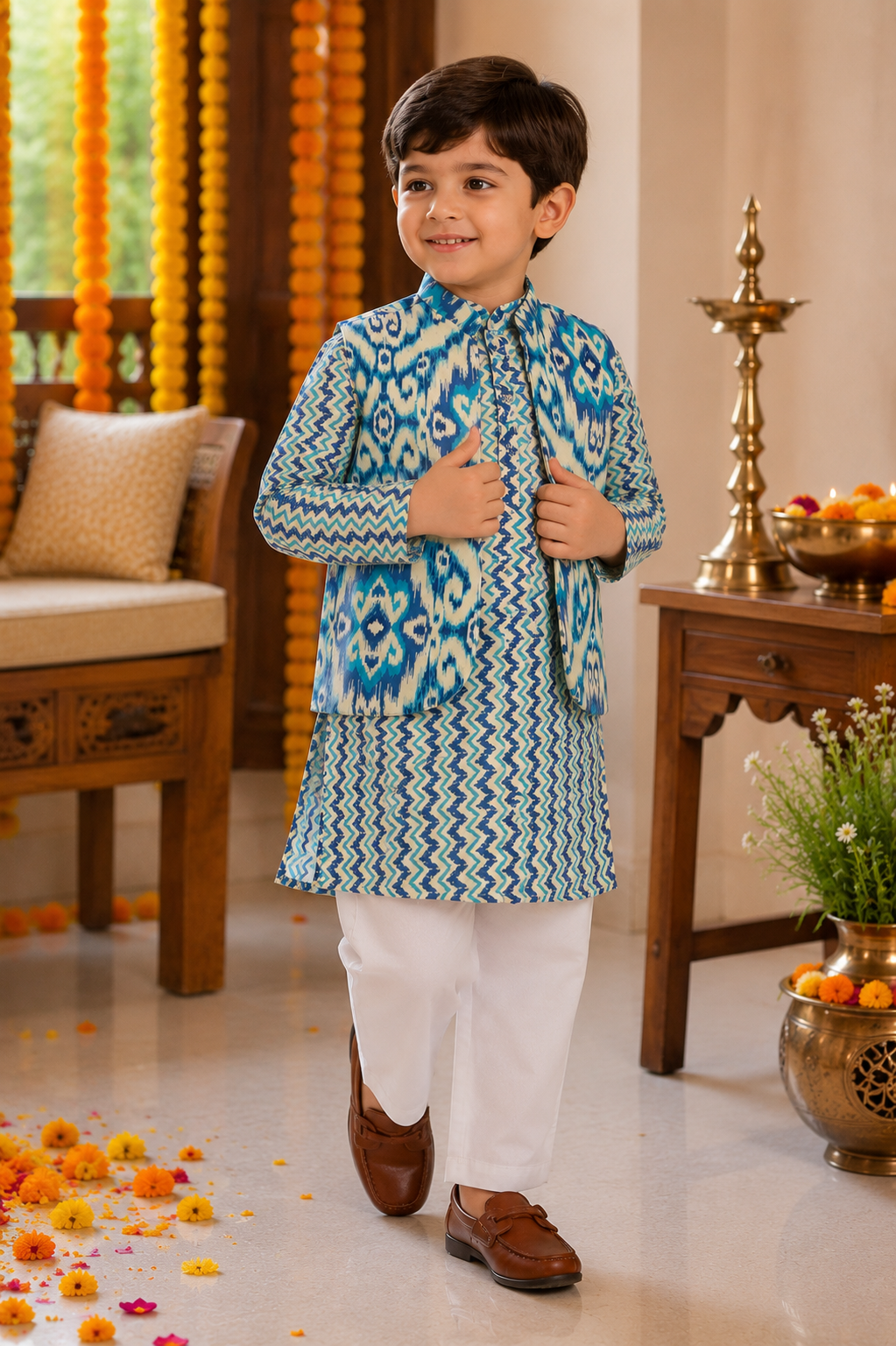 Blue Ikat Print Nehru Jacket Kurta Pajama Set