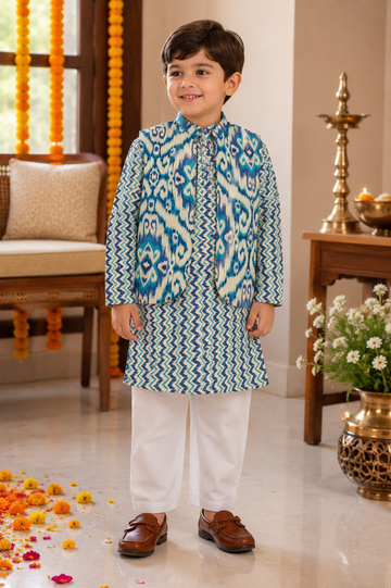 Blue Ikat Print Nehru Jacket Kurta Pajama Set