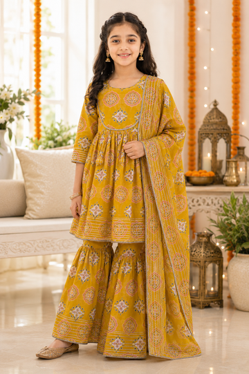 Yellow Cotton Sharara Suit Set with Dupatta