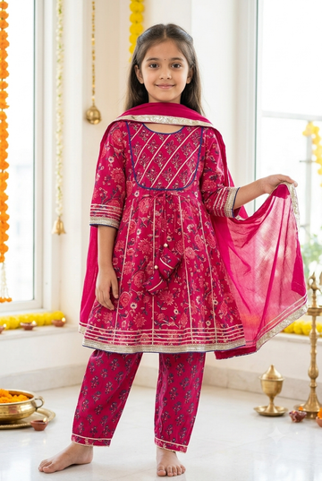 Magenta Floral Kurta Pant Set with Dupatta