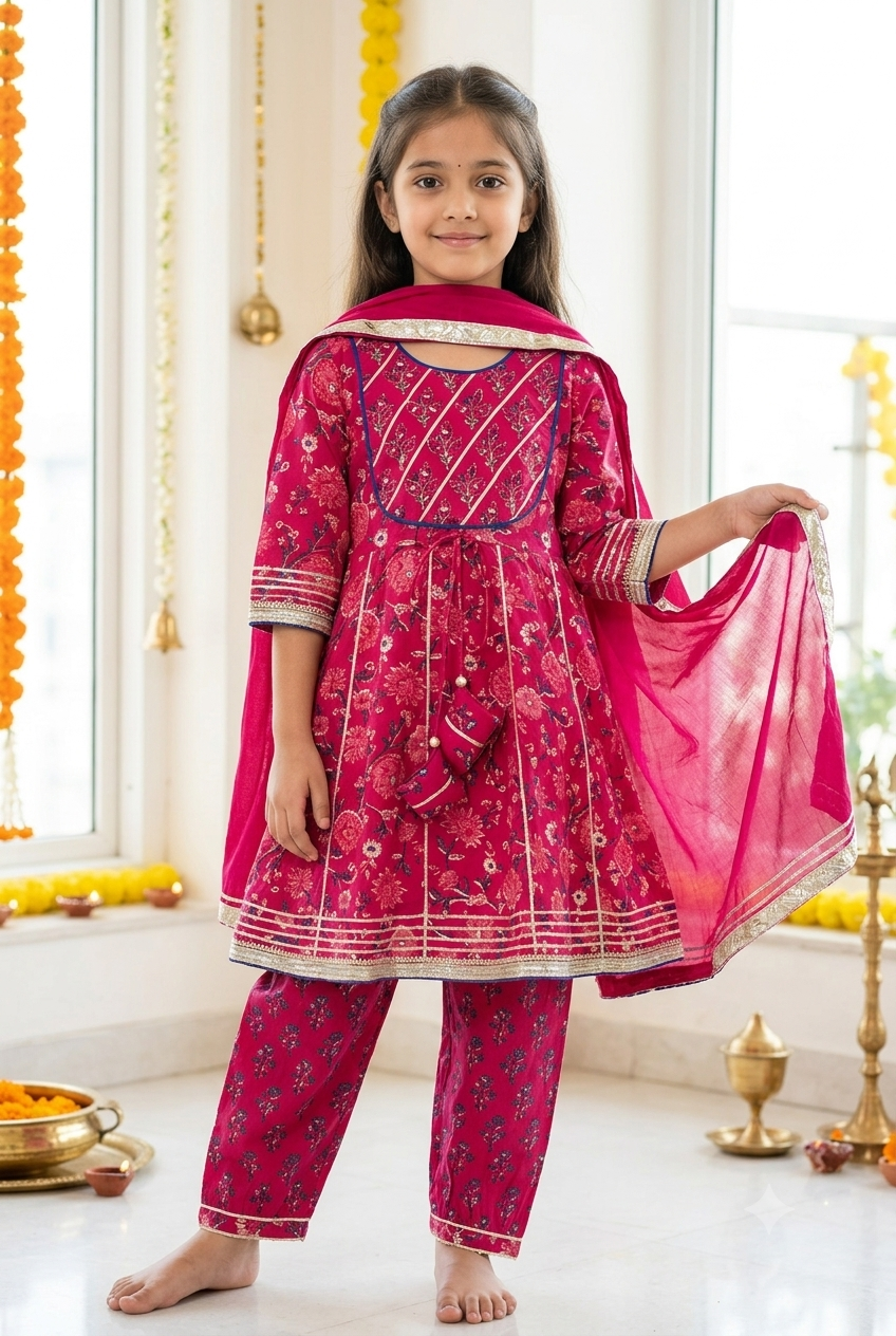 Magenta Floral Kurta Pant Set with Dupatta