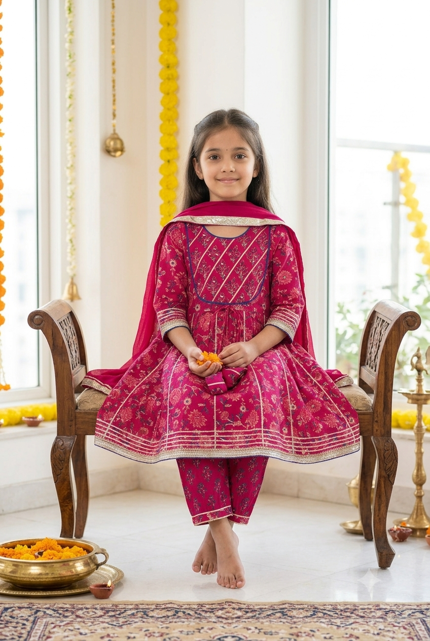 Magenta Floral Kurta Pant Set with Dupatta