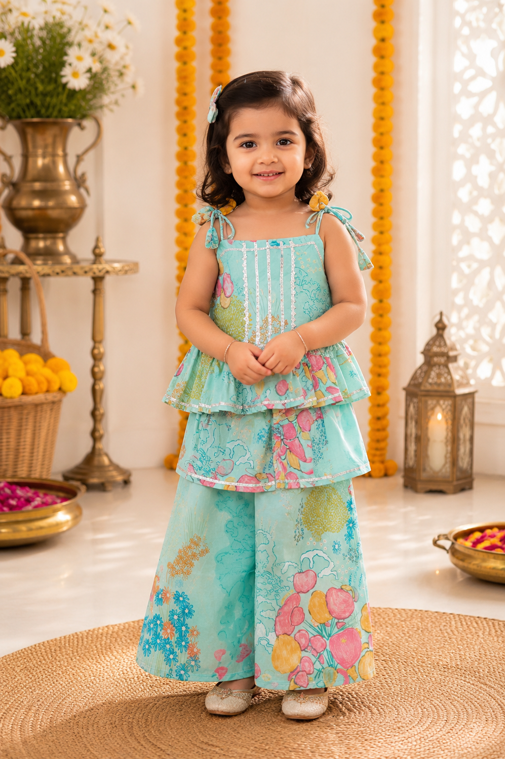 Aqua Floral Peplum Top & Palazzo Set