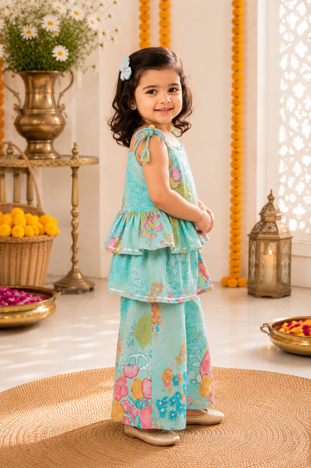 Aqua Floral Peplum Top & Palazzo Set