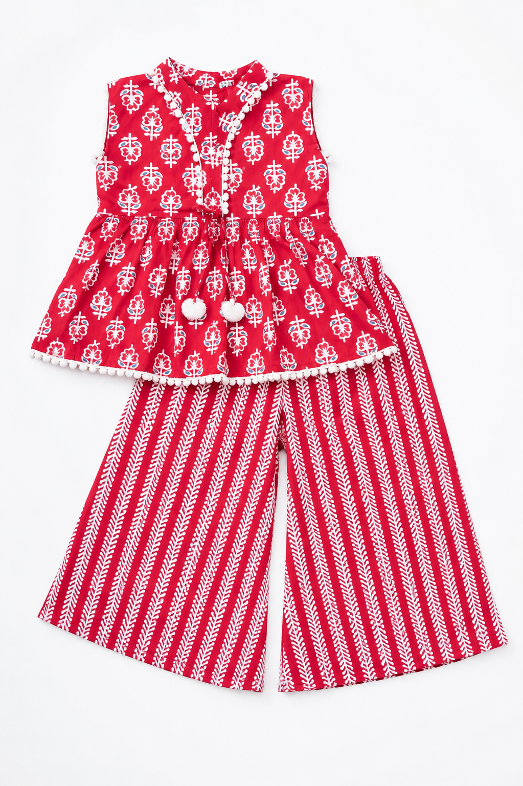 Red Pure Cotton Peplum Top with Palazzo Set