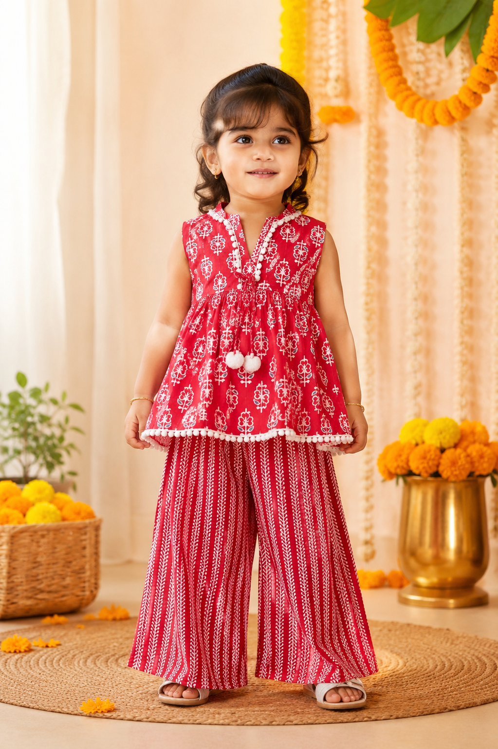 Red Pure Cotton Peplum Top with Palazzo Set