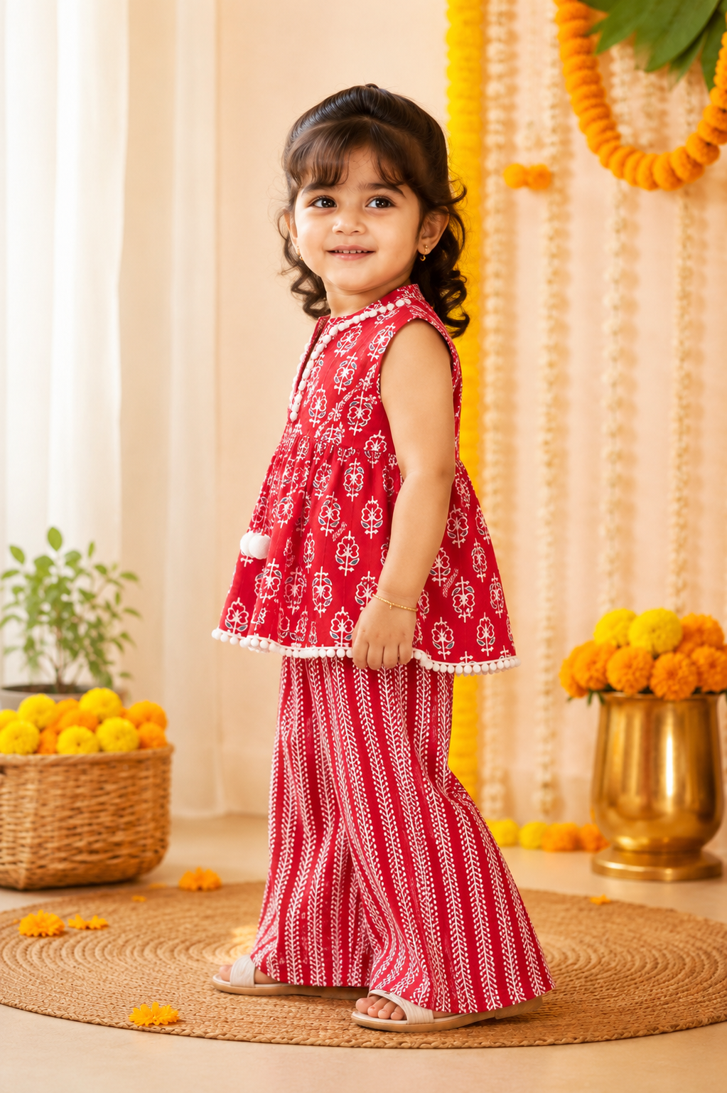 Red Pure Cotton Peplum Top with Palazzo Set