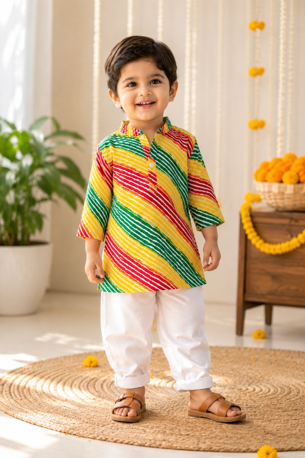Multicolor Leheriya Print Pure Cotton Kurta Pyjama Set