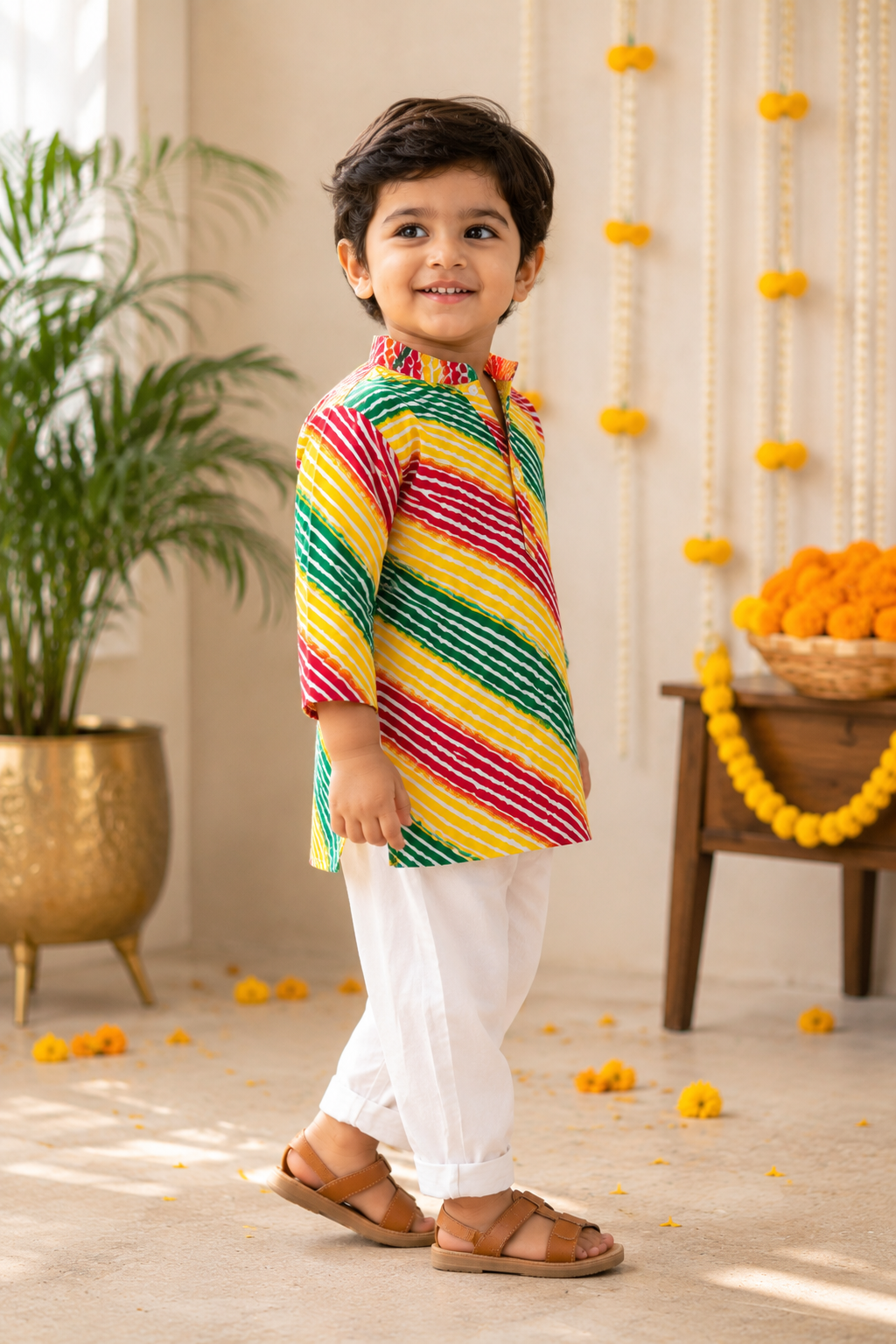 Multicolor Leheriya Print Pure Cotton Kurta Pyjama Set