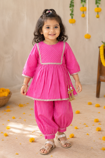 Pink Pure Cotton Peplum Top with Afgani Pant Set