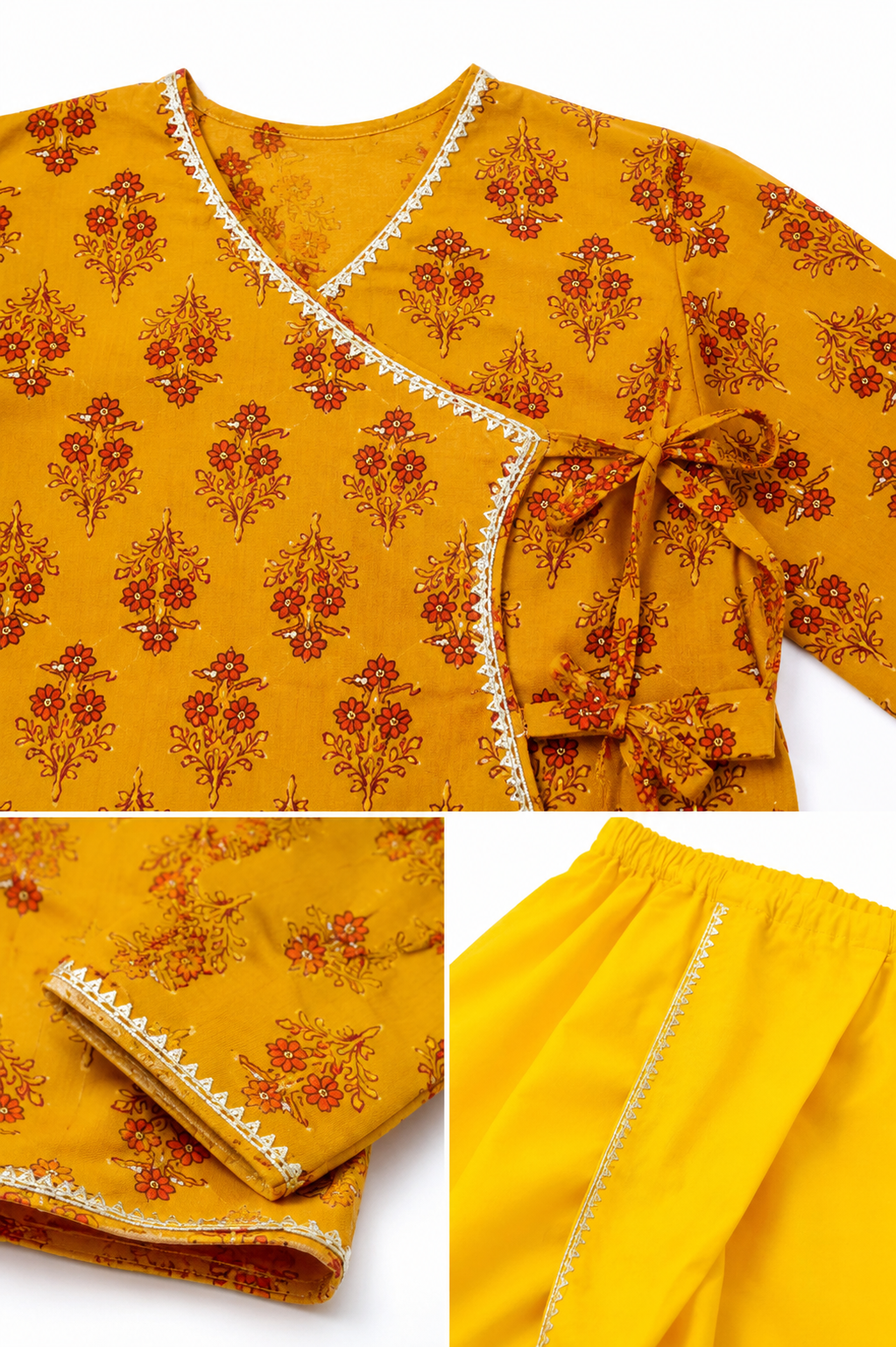 Yellow Pure Cotton Angrakha Kurta with Yellow Dhoti Set