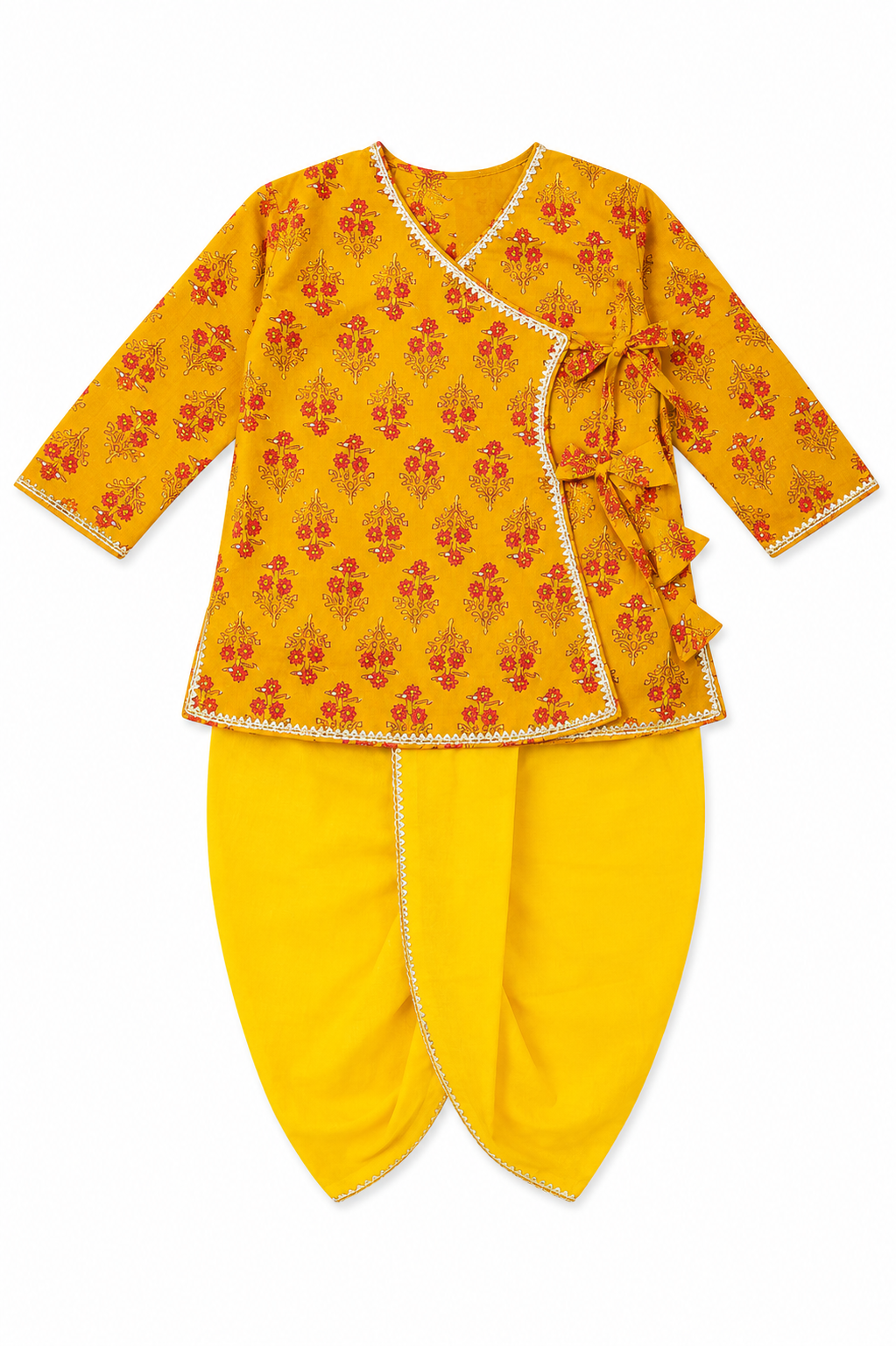 Yellow Pure Cotton Angrakha Kurta with Yellow Dhoti Set