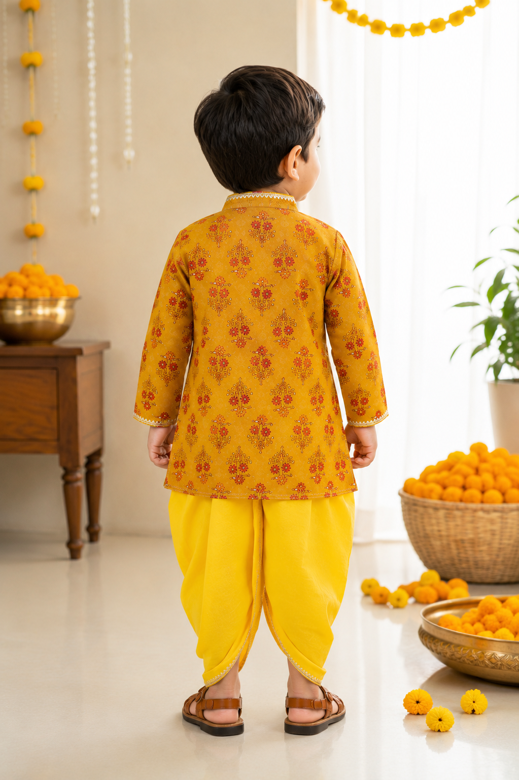 Yellow Pure Cotton Angrakha Kurta with Yellow Dhoti Set