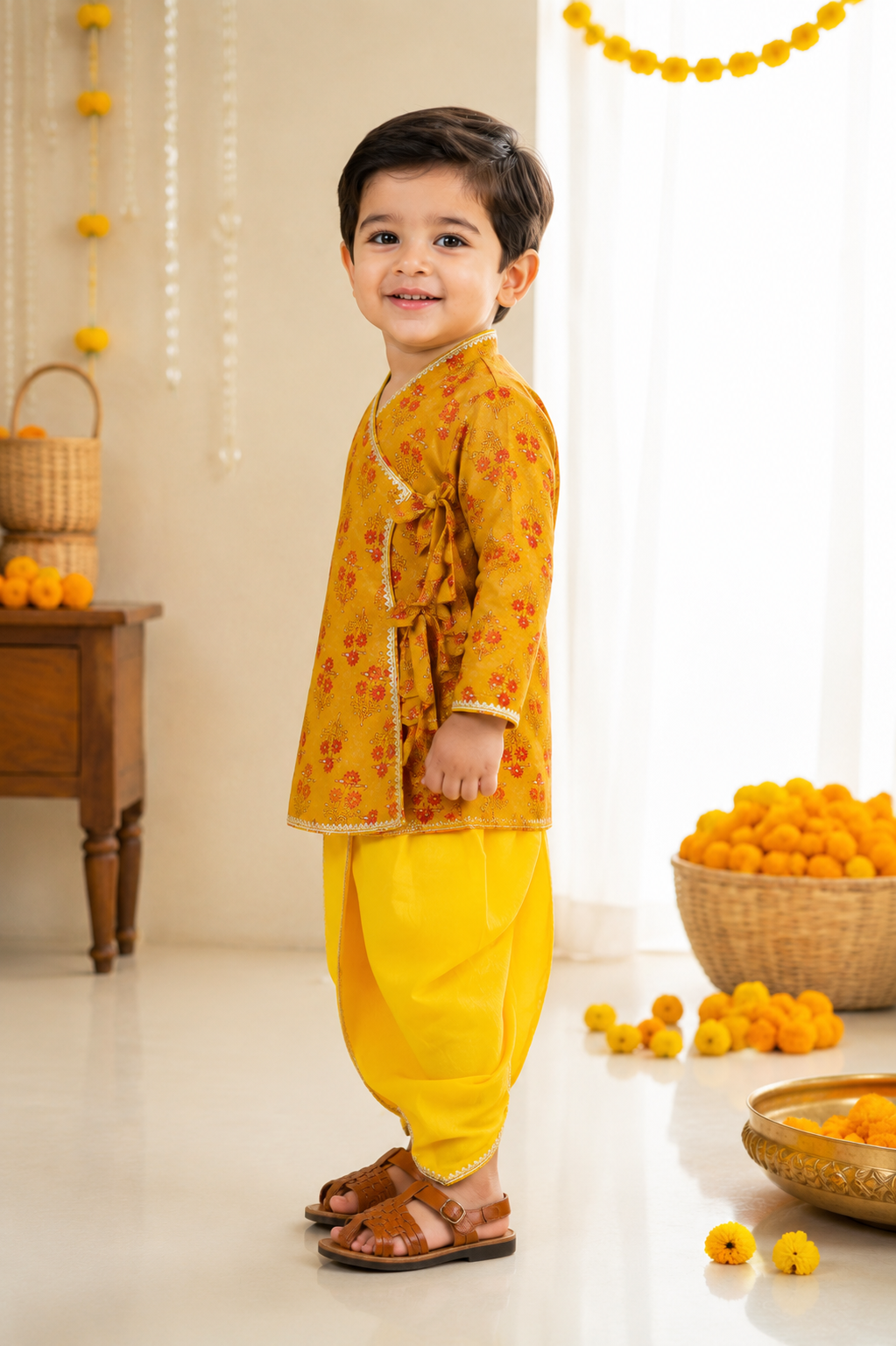 Yellow Pure Cotton Angrakha Kurta with Yellow Dhoti Set