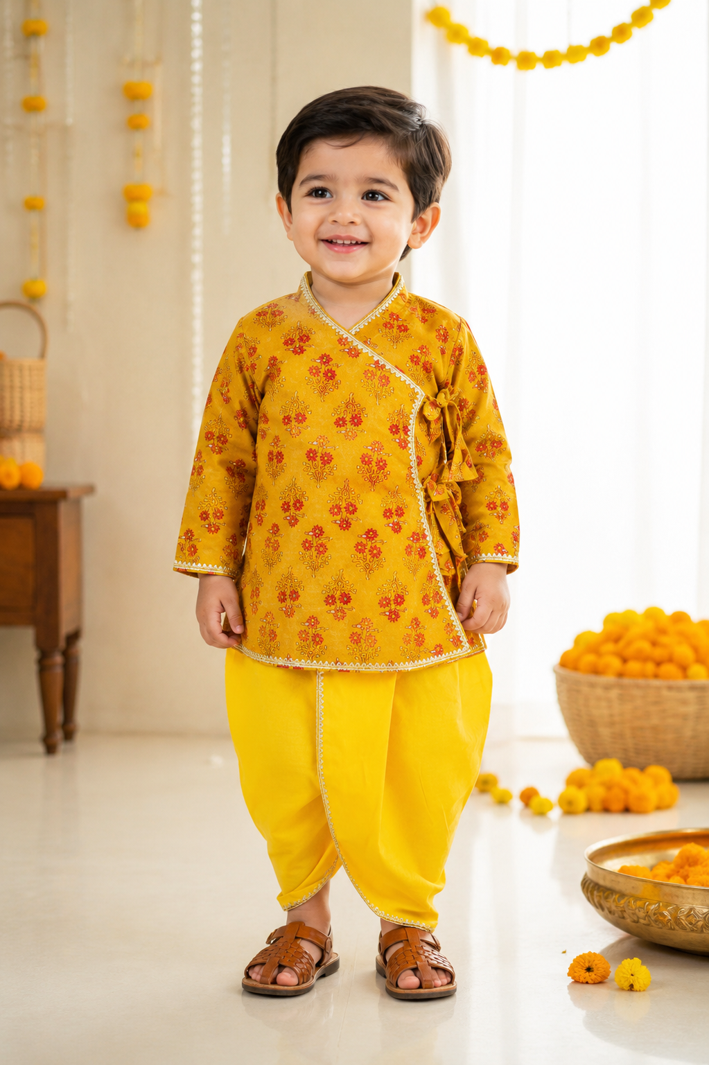 Yellow Pure Cotton Angrakha Kurta with Yellow Dhoti Set