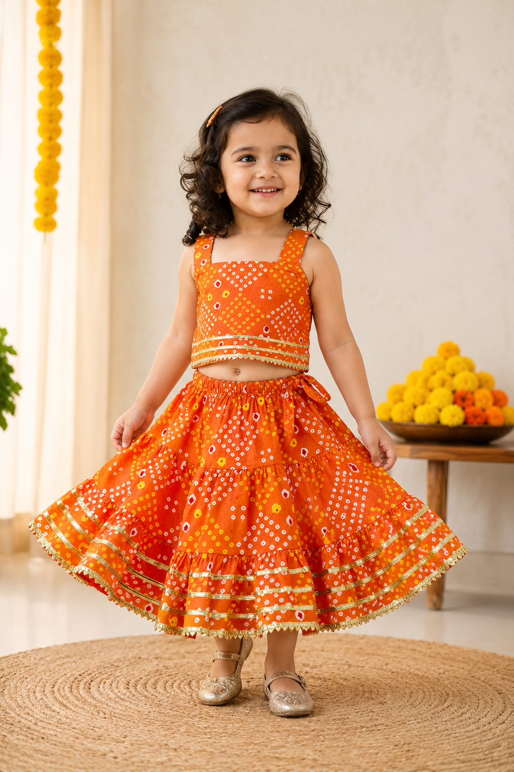 Orange Bandhani Print Cotton Lehenga Choli Set
