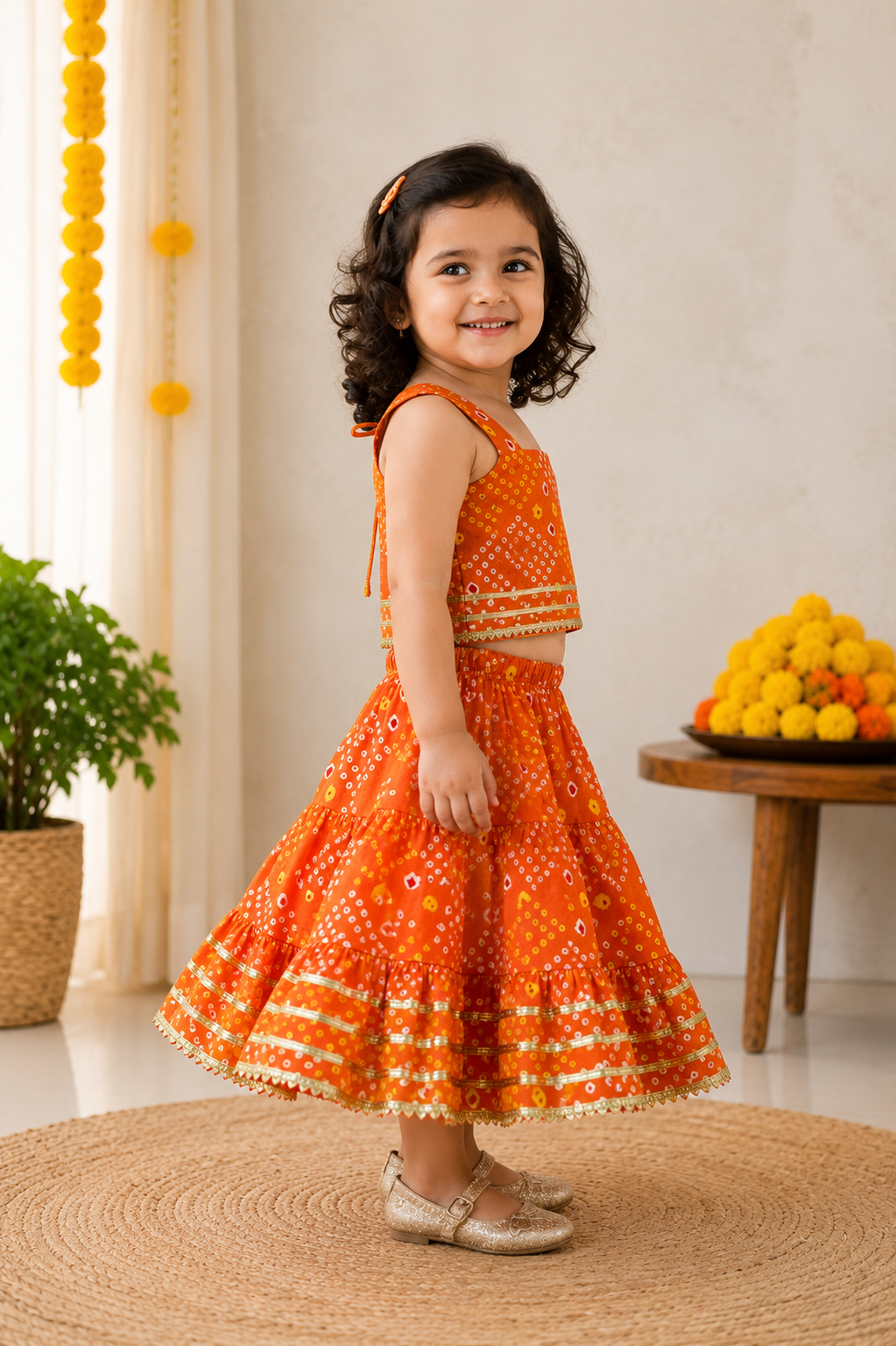 Orange Bandhani Print Cotton Lehenga Choli Set