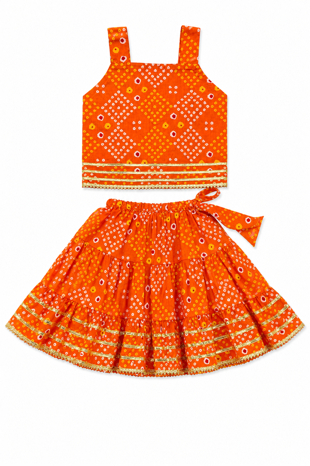 Orange Bandhani Print Cotton Lehenga Choli Set