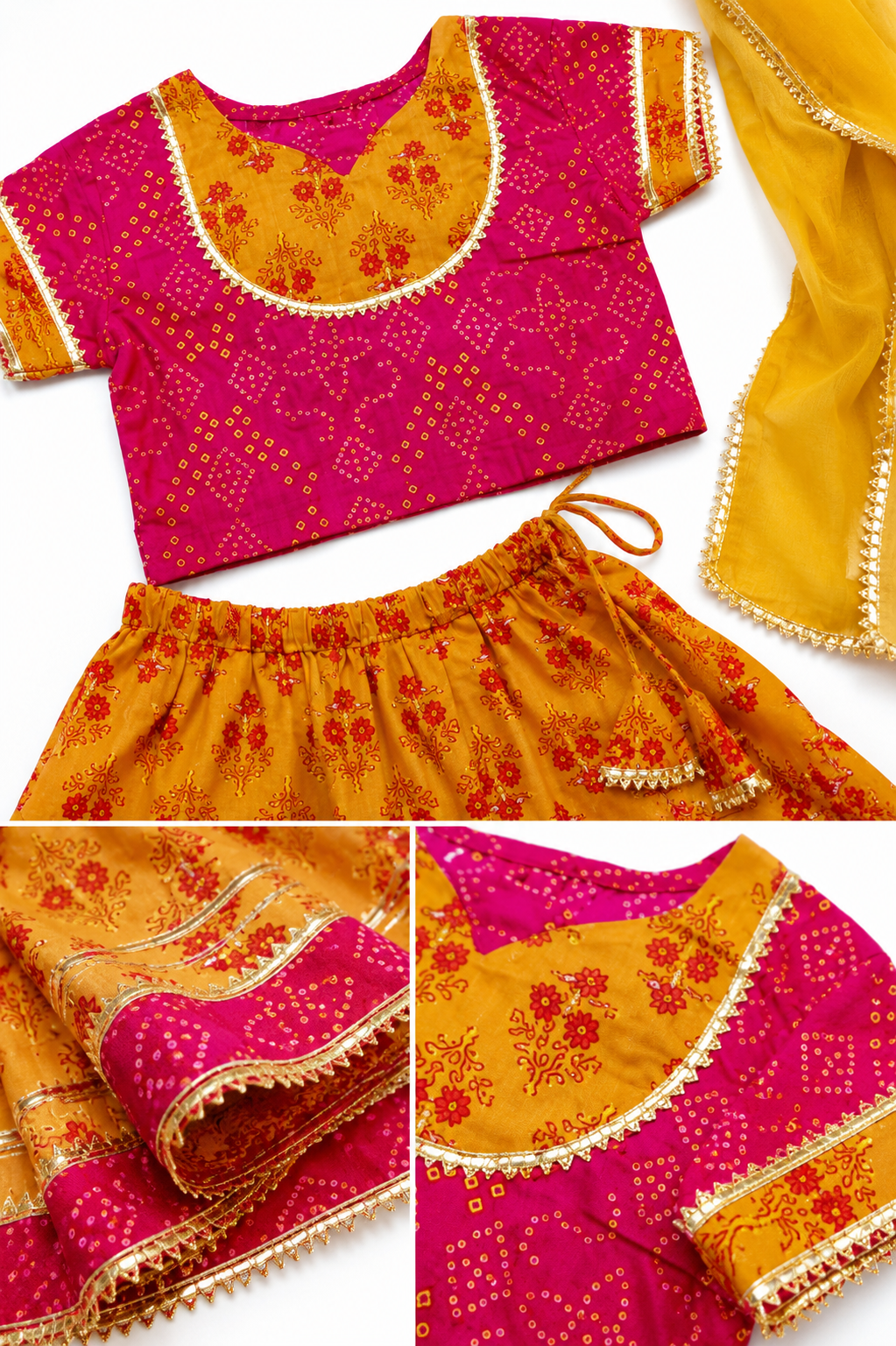 Yellow & Pink Pure Cotton Lehenga Choli with Dupatta Set