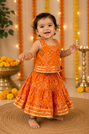 Orange Bandhani Print Cotton Lehenga Choli Set