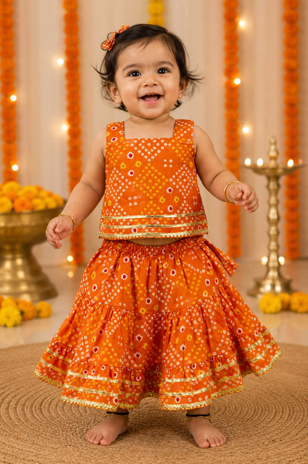Orange Bandhani Print Cotton Lehenga Choli Set