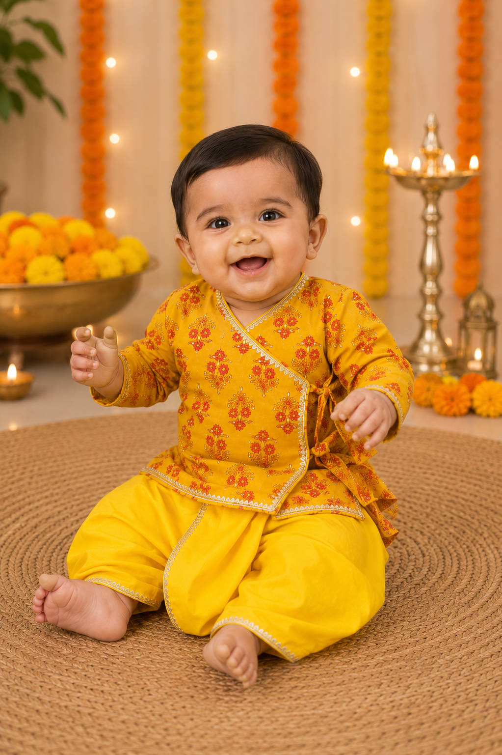 Yellow Pure Cotton Angrakha Kurta with Yellow Dhoti Set