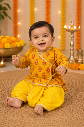Yellow Pure Cotton Angrakha Kurta with Yellow Dhoti Set
