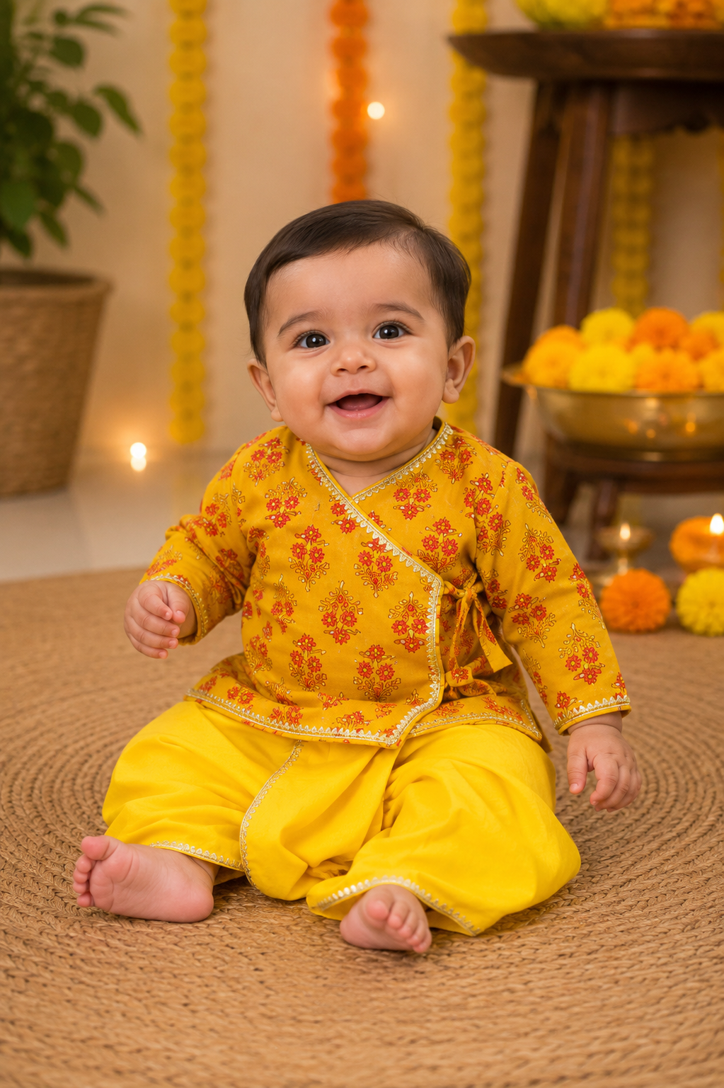 Yellow Pure Cotton Angrakha Kurta with Yellow Dhoti Set