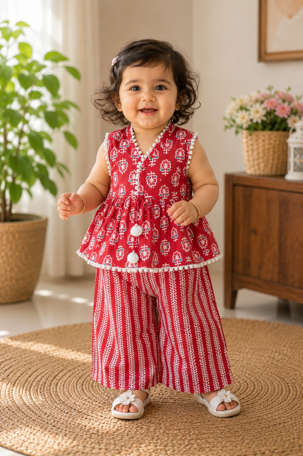 Red Pure Cotton Peplum Top with Palazzo Set