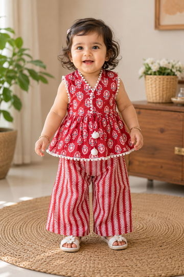 Red Pure Cotton Peplum Top with Palazzo Set