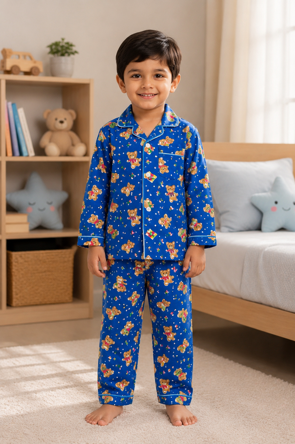 Blue Teddy Bear Pure Cotton Night Suit | Kids Full Sleeve Button-Down Pajama Set