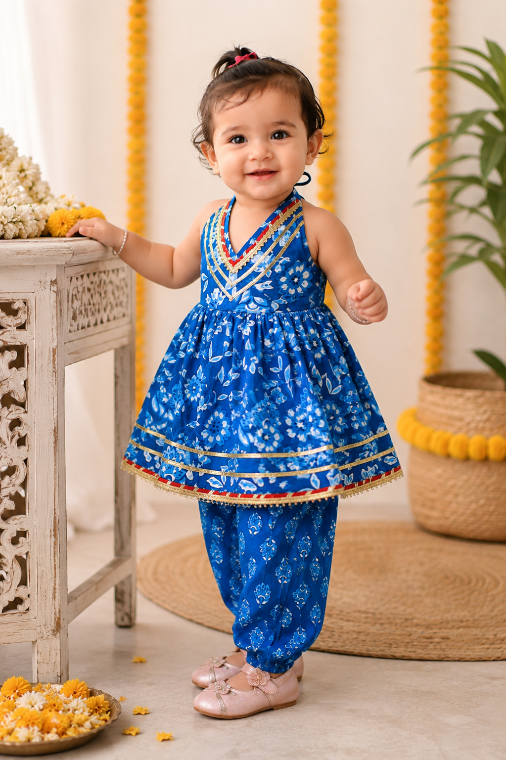 Blue Peplum Top with Dhoti Pants | Cotton Ethnic Set