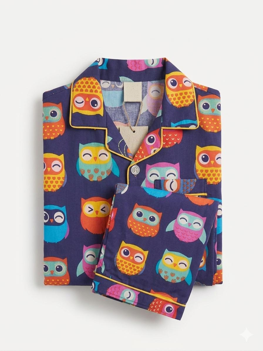 Navy Blue Owl Print Cotton Night Suit