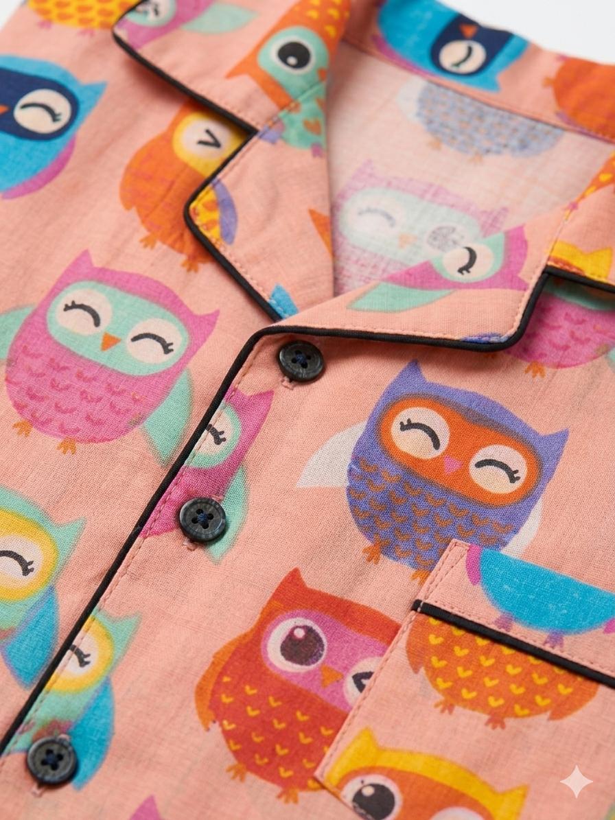 Pink Owl Print Cotton Night Suit