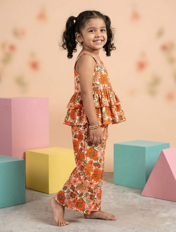 Orange Floral Peplum Co-ord Set