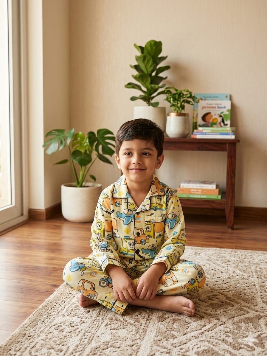 Yellow Vehicle Print Night Suit
