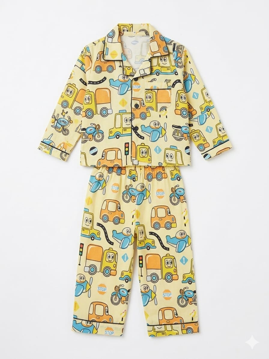 Yellow Vehicle Print Night Suit